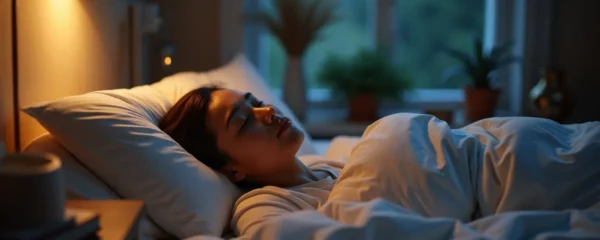 Une personne dormant paisiblement la nuit, illustrant l'efficacité de l'orthèse d'avancée mandibulaire pour traiter le ronflement