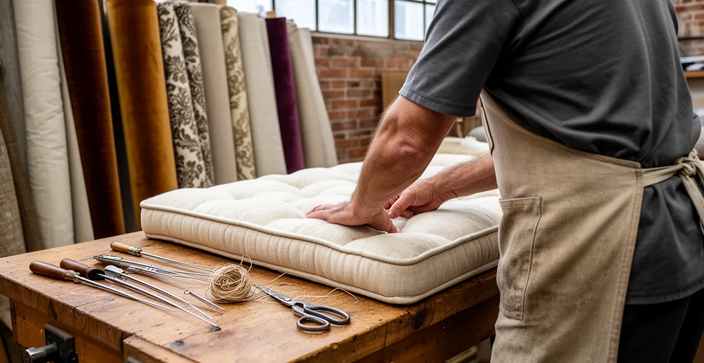 Artisan tapissier travaillant sur un matelas dans un atelier de fabrication français