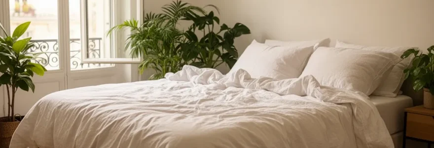 Chambre lumineuse avec lit équipé de literie blanche moelleuse et lumière du matin